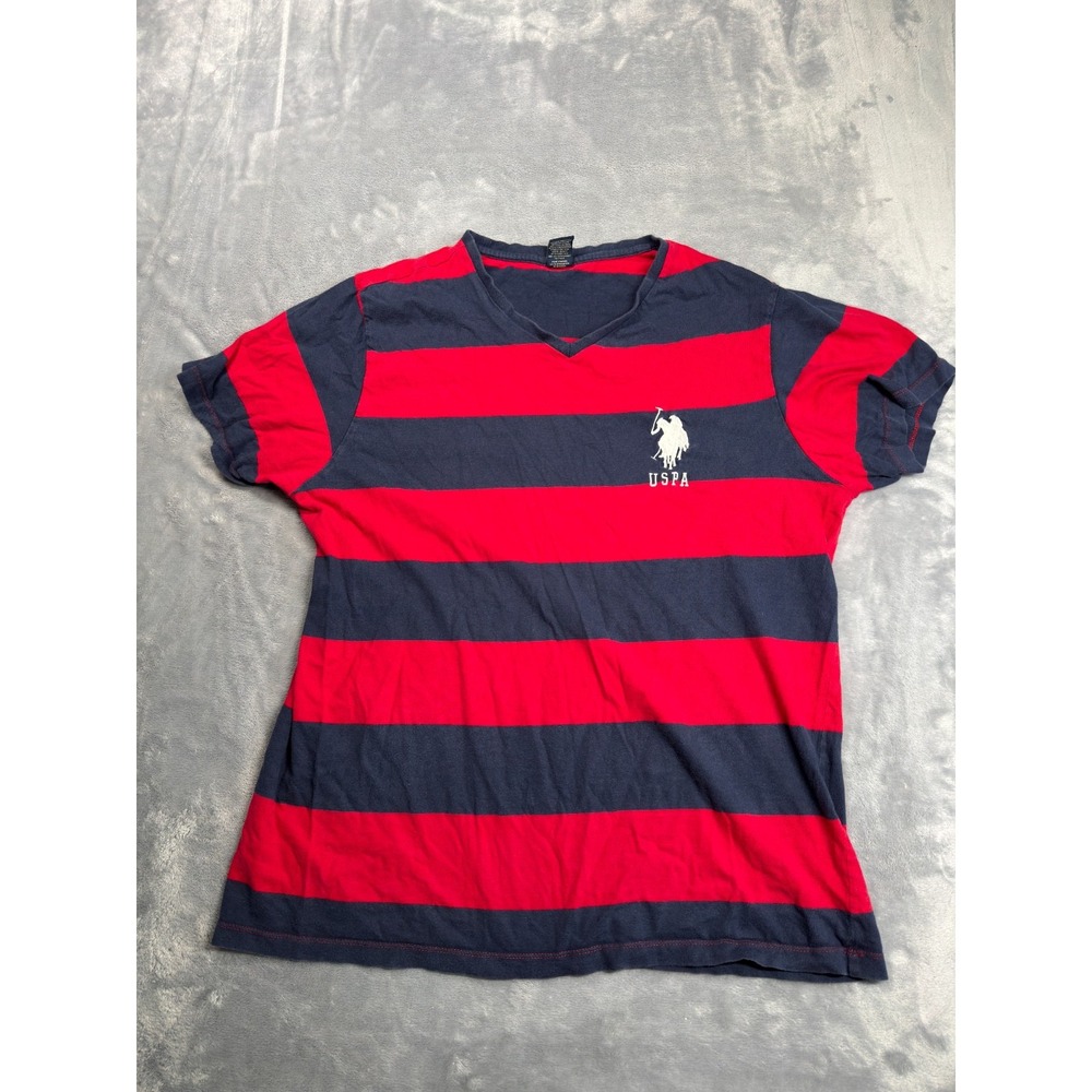 U.S. Polo Assn. T-Shirt Mens XL Red Navy Blue Striped Cotton Regular Fit V Neck